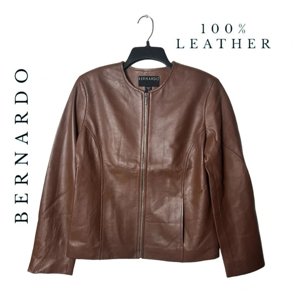 BERNARDO 100% LEATHER JACKET LONG SLEEVES BROWN IN COLOR; SOLID COLOR SIZE LARGE - Picture 1 of 9